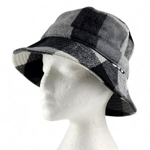 NWT HB STRIPES Unisex Bucket Hat Grey White Black Plaid Wool Blend Fleece O/S